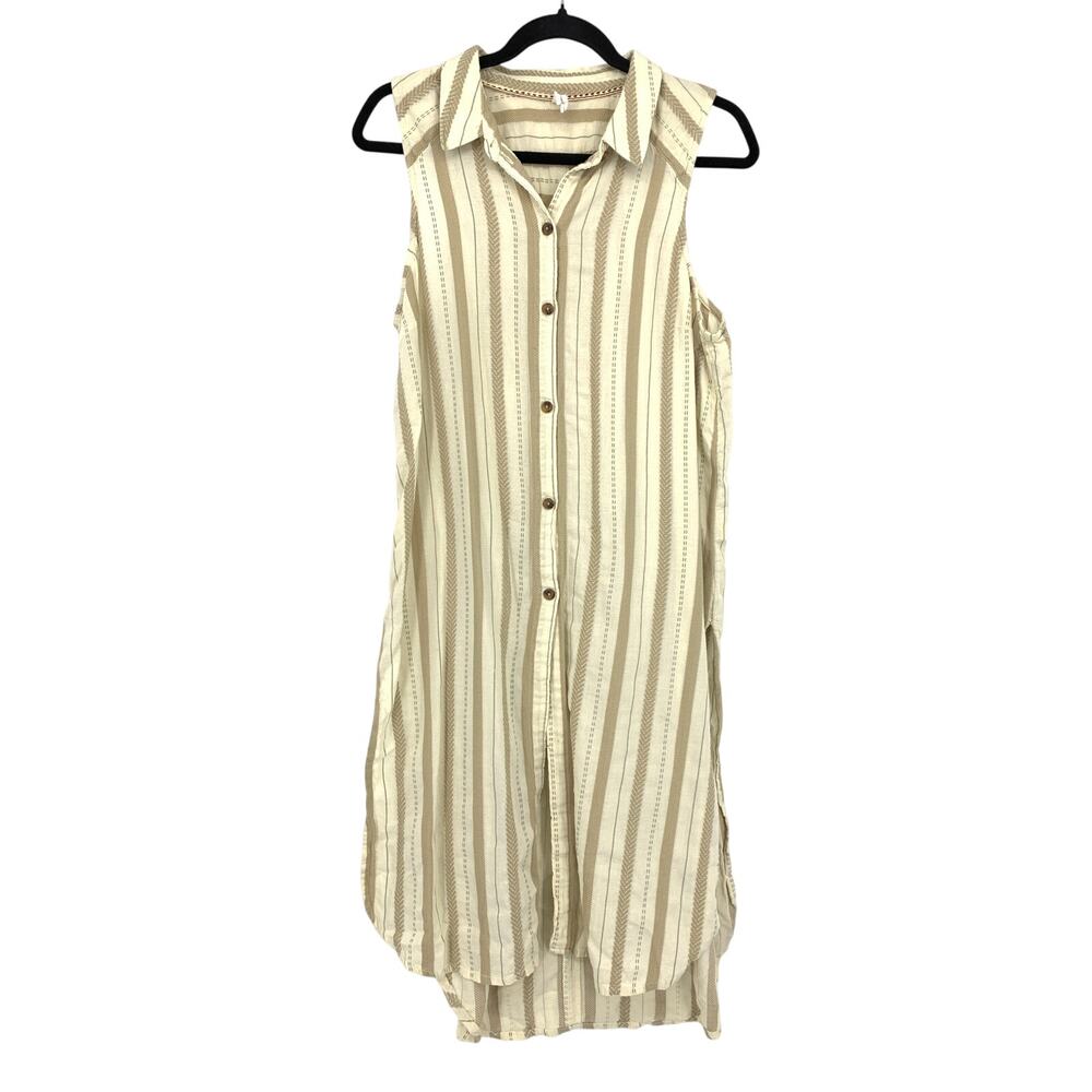 By Anthropologie Delphine Textured Tunic Top Womens Sz L Tan Cream Stripe